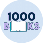 Light blue circle with text inside reading 1000 Books. The two Os in Books are replaced with an open book.