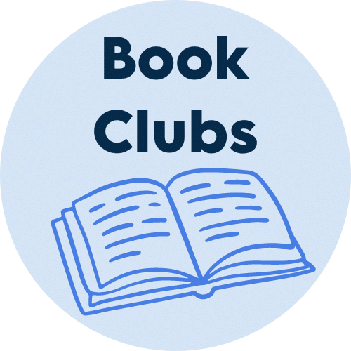 Light blue circle with a line drawing of an open book in bright blue. Above the book is the text Book Clubs.