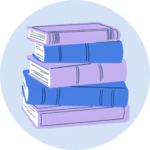 A light blue circle with a drawing of five books stacked vertically. The books alternate in color, starting with light purple, then bright blue.