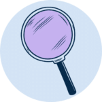 Light blue circle with a drawing of a magnifying lens inside. The magnifying lens is navy blue with a light purple lens.