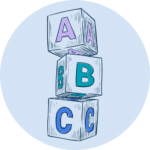Light blue circle with a drawing of a stack of three wooden alphabet blocks inside. The C block is at the bottom, with the B above it, and the A above that. The C is in bright blue, the B in teal, and the A in light purple.