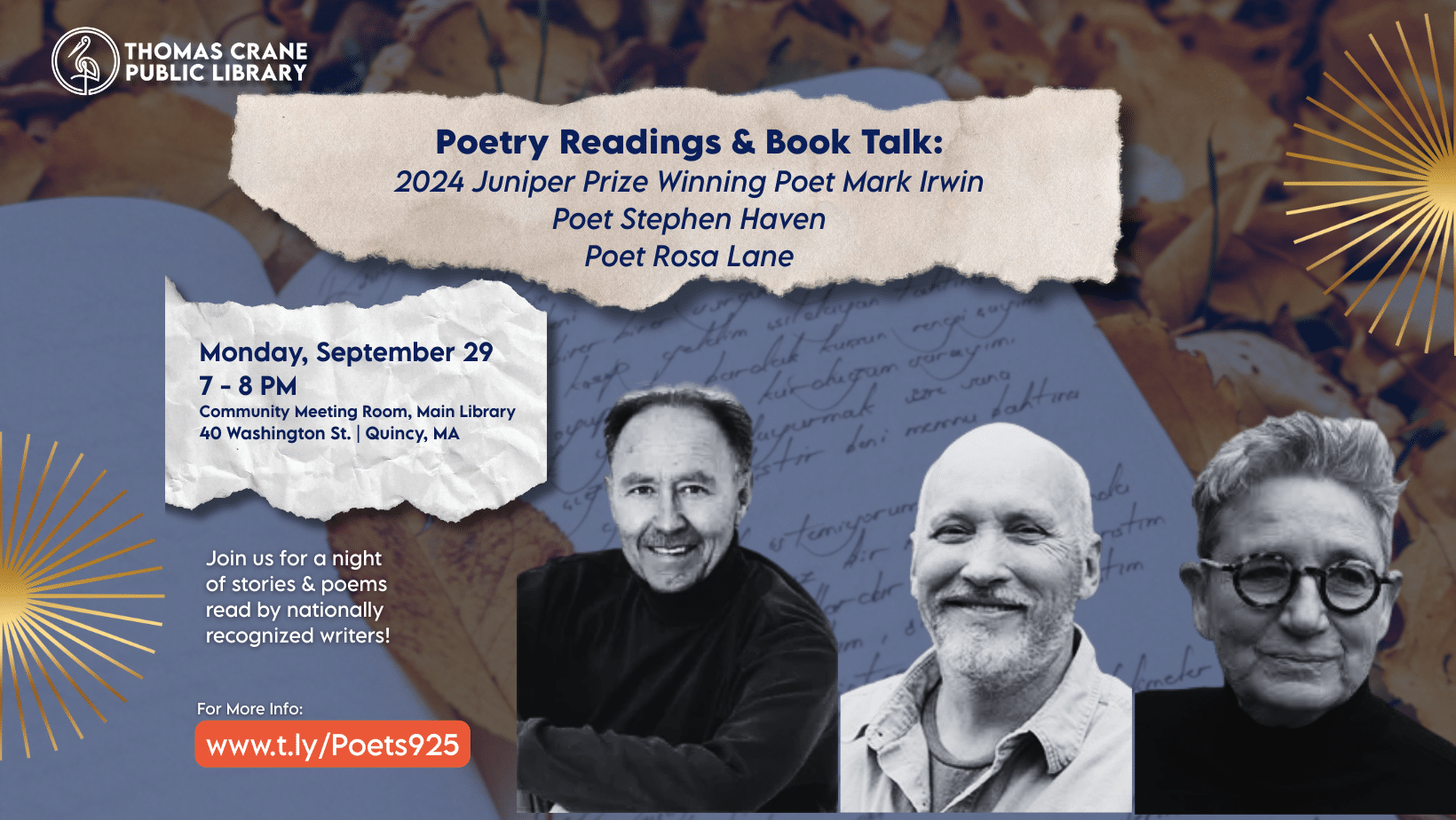Poetry Readings: Mark Irwin, Stephen Haven, Rosa Lane